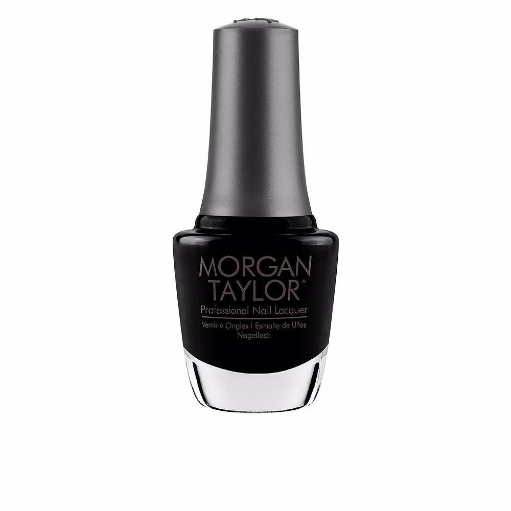15 ml glass bottle of deep black high‑gloss nail lacquer with curved brush