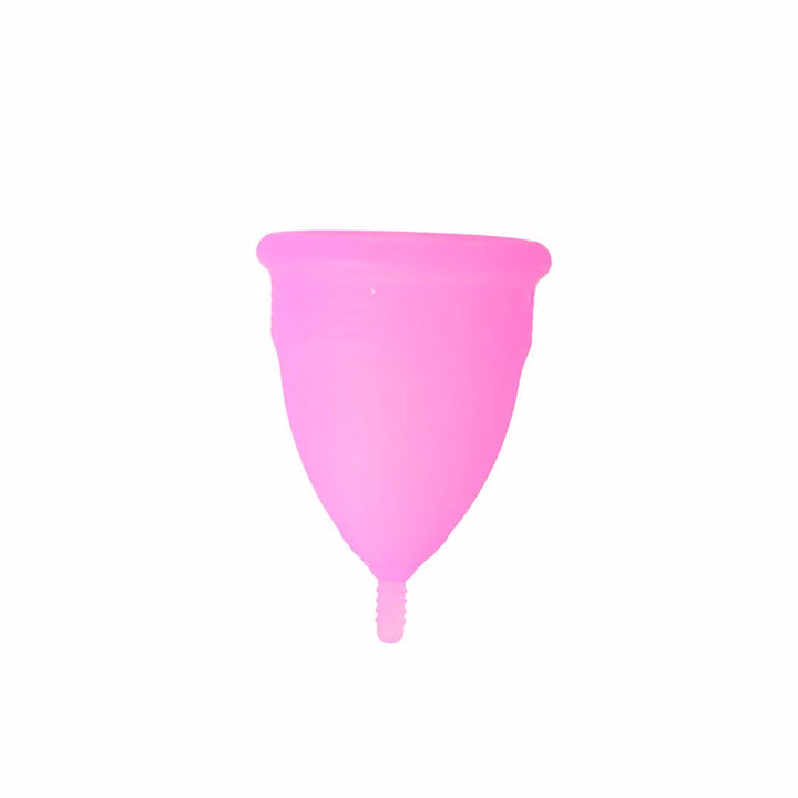 Mid‑size translucent silicone menstrual cup in upright position