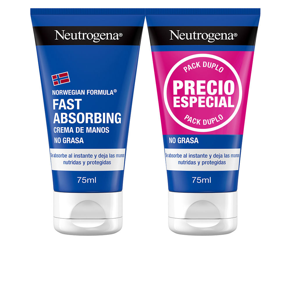 Two travel-size Neutrogena hand cream tubes showing clean, minimalist packaging