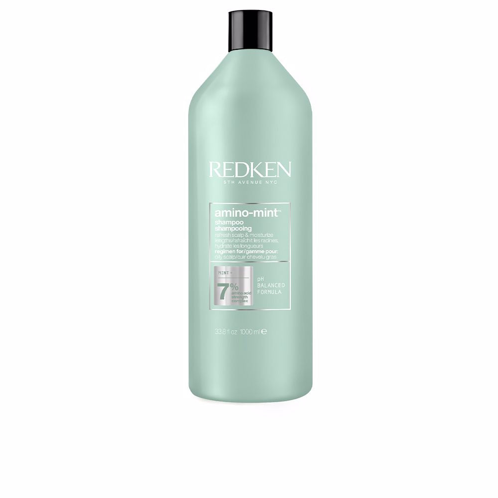 1 litre clear shampoo bottle labelled Amino Mint, for oily hair, Unisex
