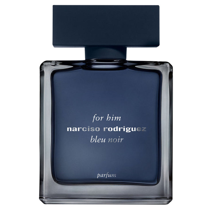 Translucent blue parfum bottle with matte navy cap, 100 ml, woody-oriental scent