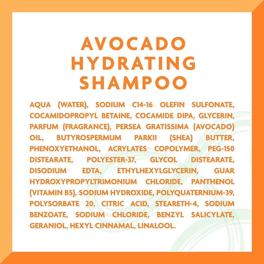 400 ml shampoo bottle labelled Avocado &amp; Shea, for dry curly hair, pump cap