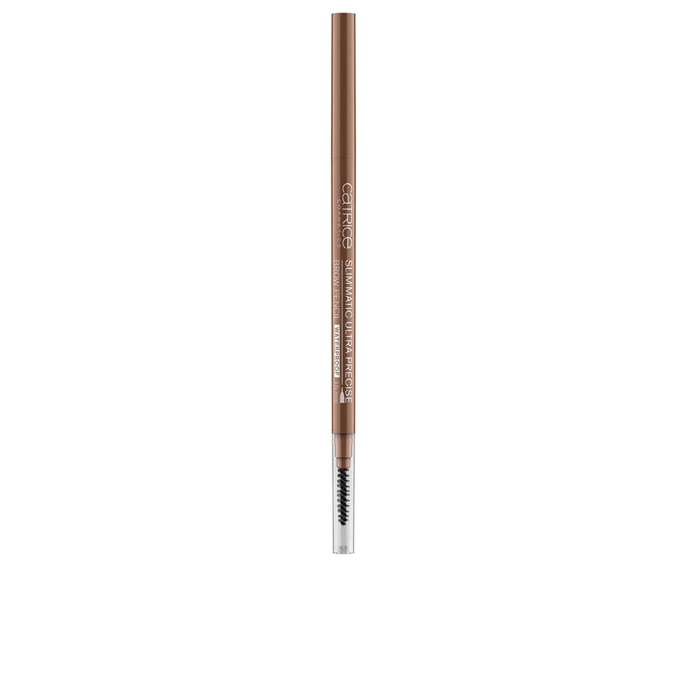 Slim brown wax brow pencil with ultra-fine 1.5 mm tip, capped and uncapped