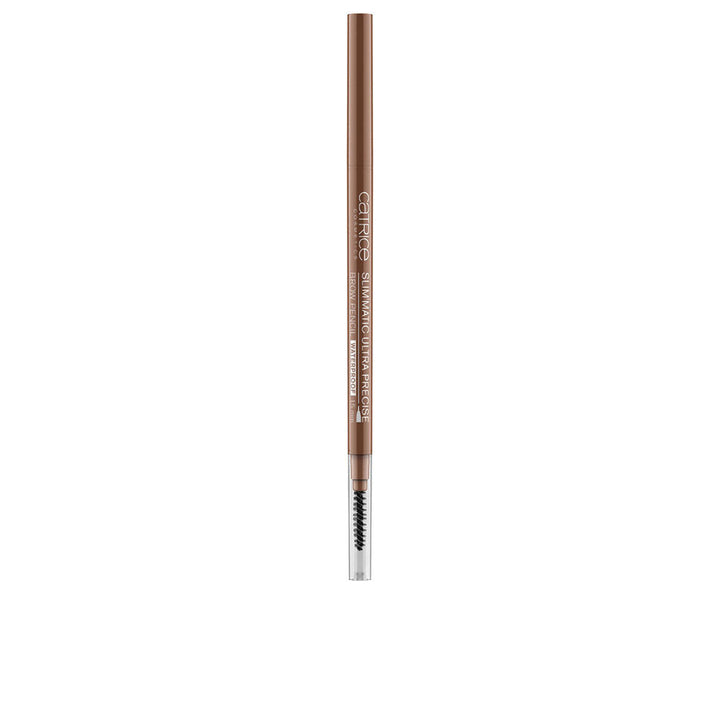 Slim brown wax brow pencil with ultra-fine 1.5 mm tip, capped and uncapped
