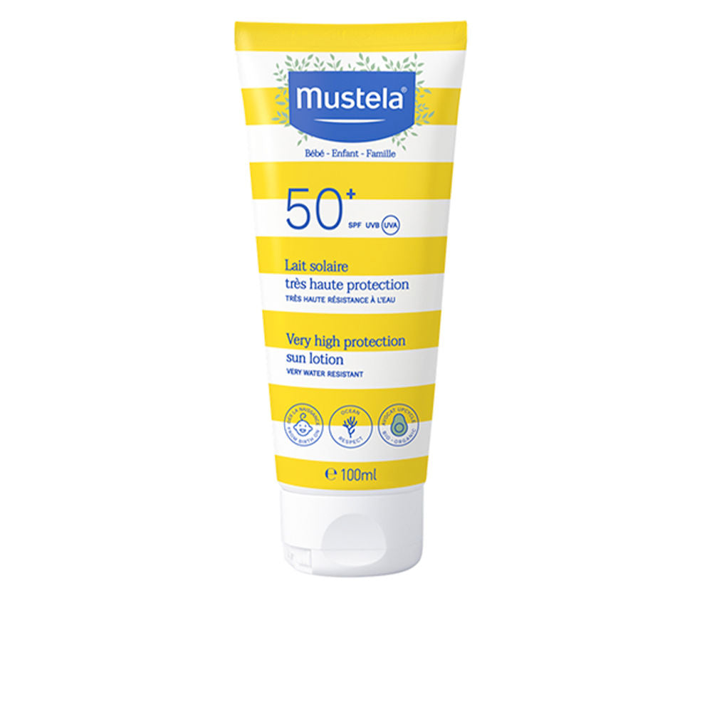 Tube of Mustela SPF 50+ sunscreen for babies, fragrance-free and reef-friendly