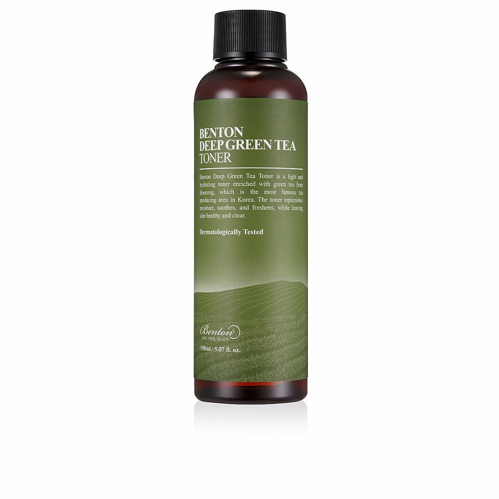150 ml clear bottle of light green toner with botanical label, 50% green tea