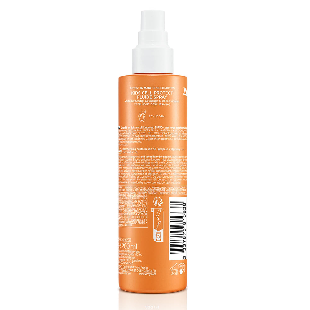 Vichy white and orange SPF50+ spray bottle for children's sensitive skin protection