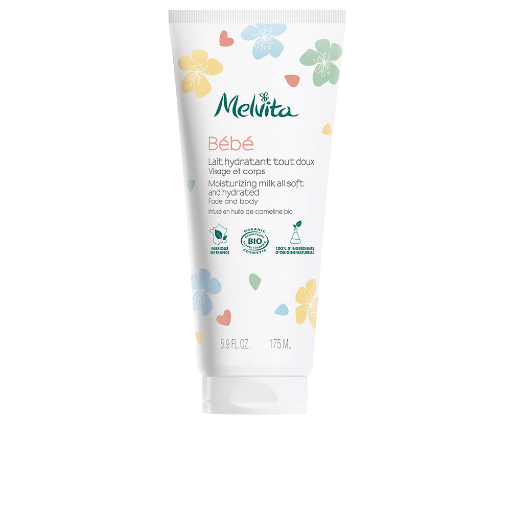 Melvita Soft white plastic tube with pastel floral and heart patterns, flip-top cap, front text, baby-friendly design