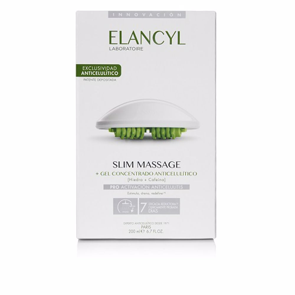 Elancyl Slim Massage Set: anti-cellulite gel and dual-roller massage glove displayed