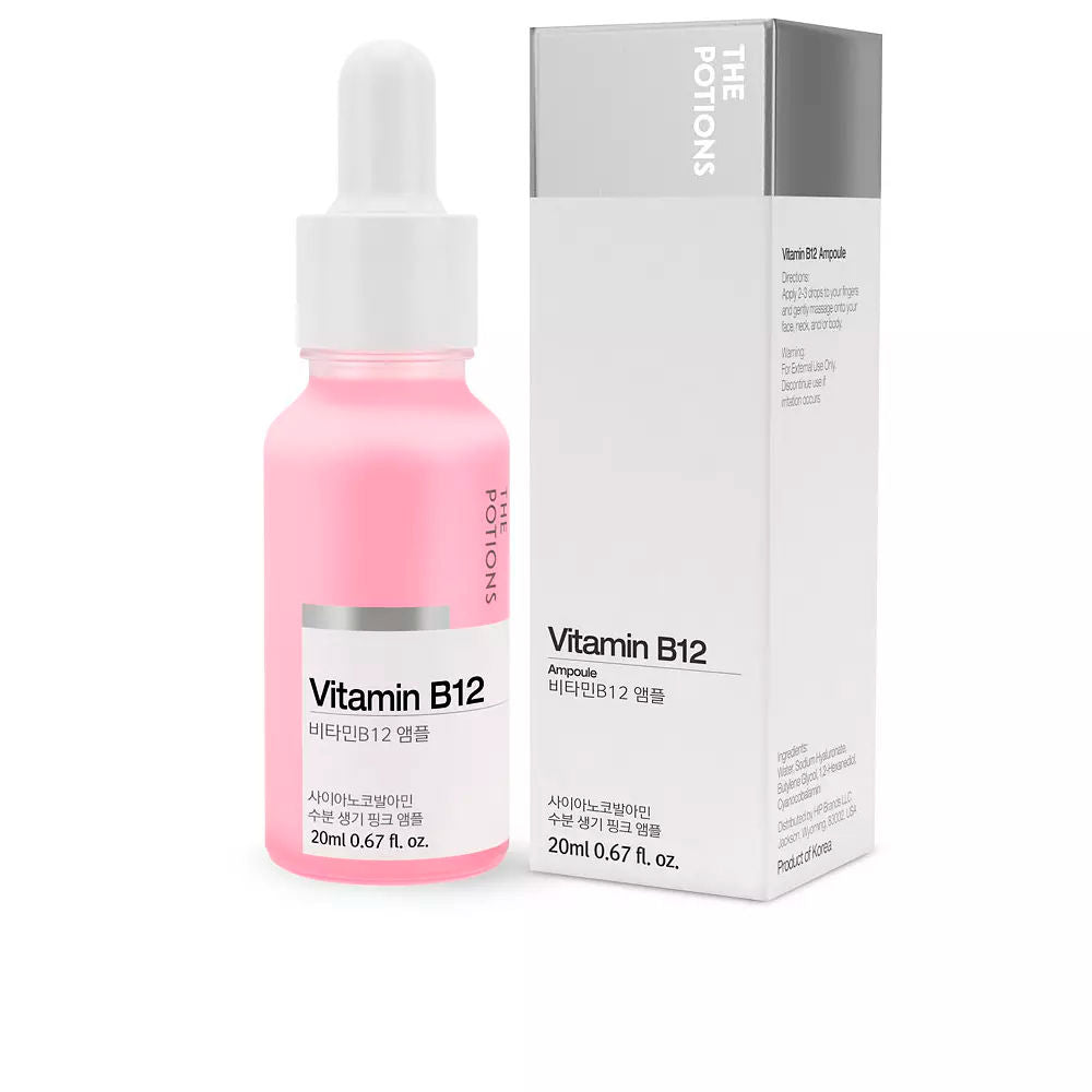 Glass 20 ml ampoule of vitamin B12 hydrating serum for Women, clear liquid
