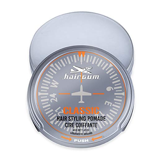Small 40 g tin of glossy-wax hair pomade with snap lid, compact styling product