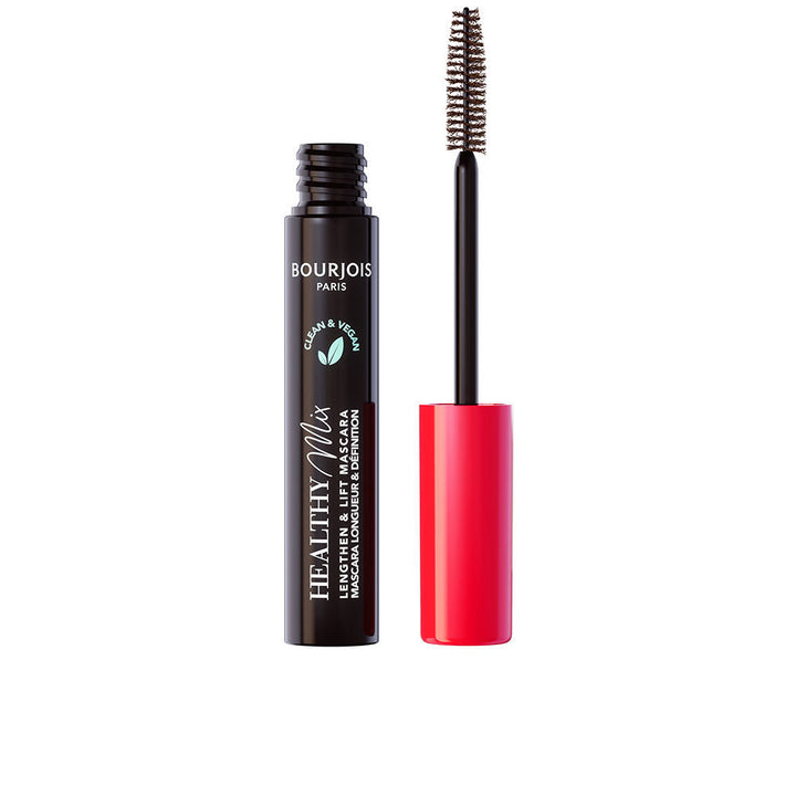 Tube of black brown vegan mascara with organic microfibre brush, 7 ml