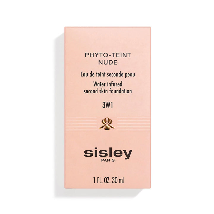 30 ml satin fluid foundation in 3W1 Warm Almond, glass bottle and box