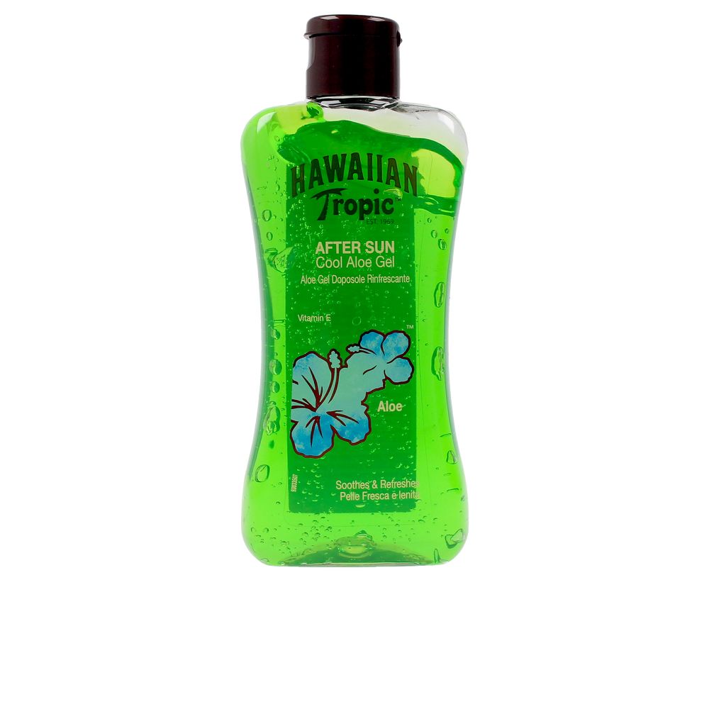 200 ml clear jar of cooling aloe after-sun gel with botanical ingredients listed