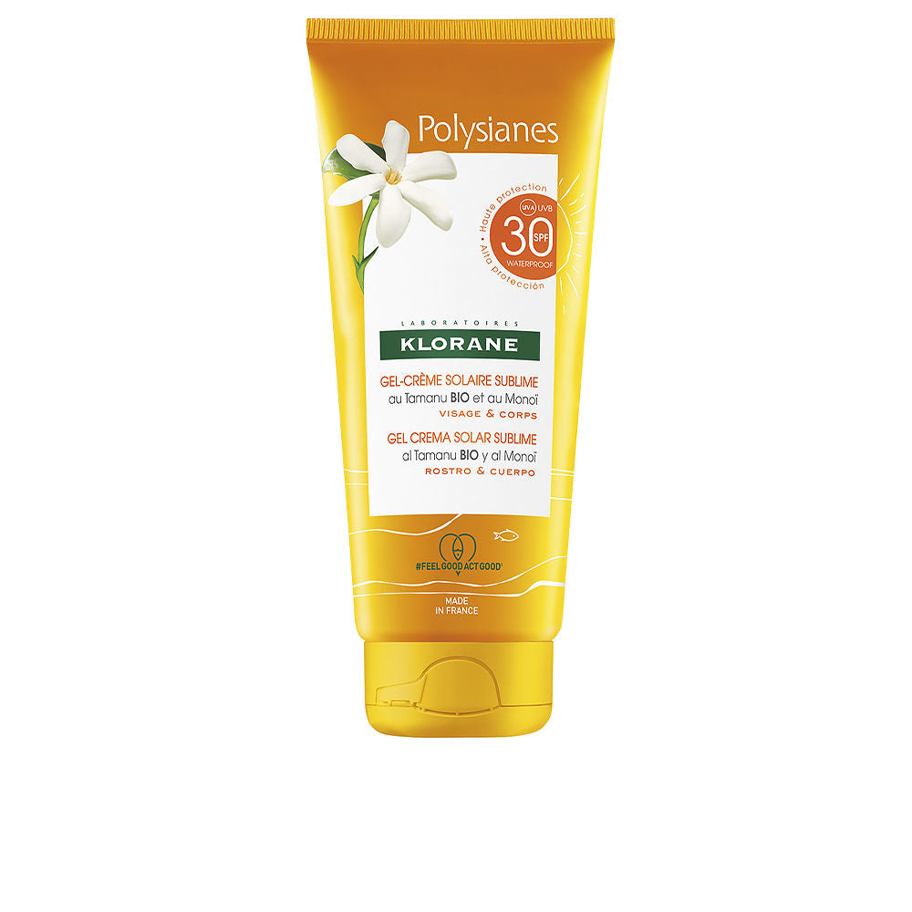 200 ml gel-cream sunscreen tube; translucent gel, luminous finish