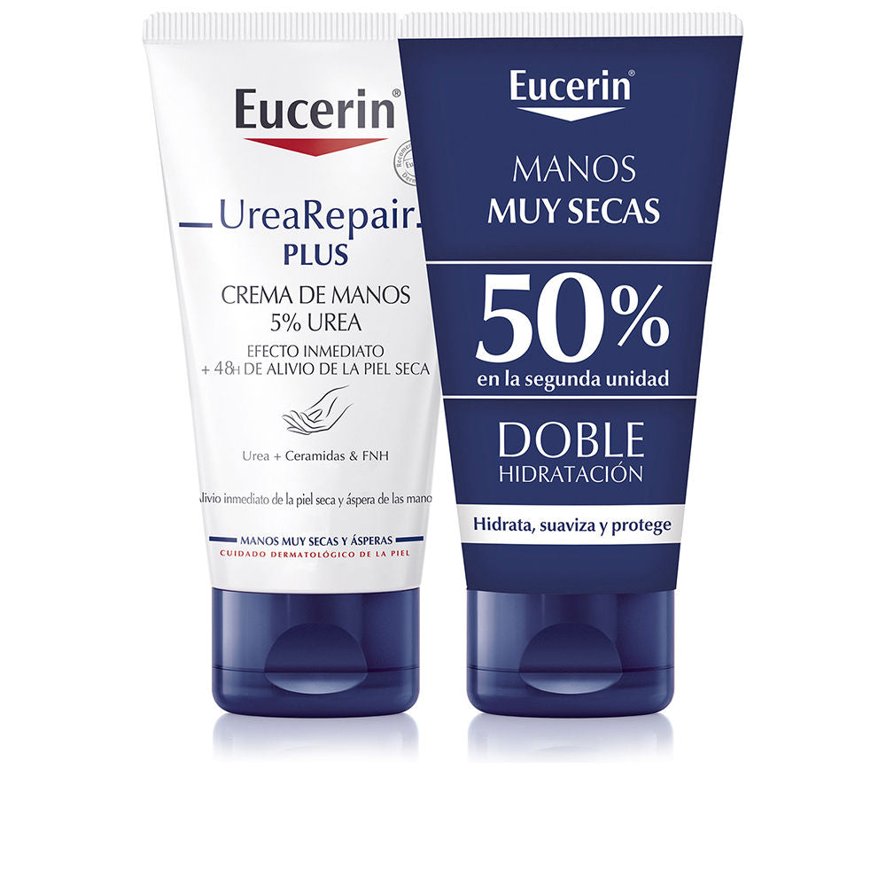 Eucerin White and dark blue plastic hand cream tube with flip-top cap, printed text and logo, dual designs