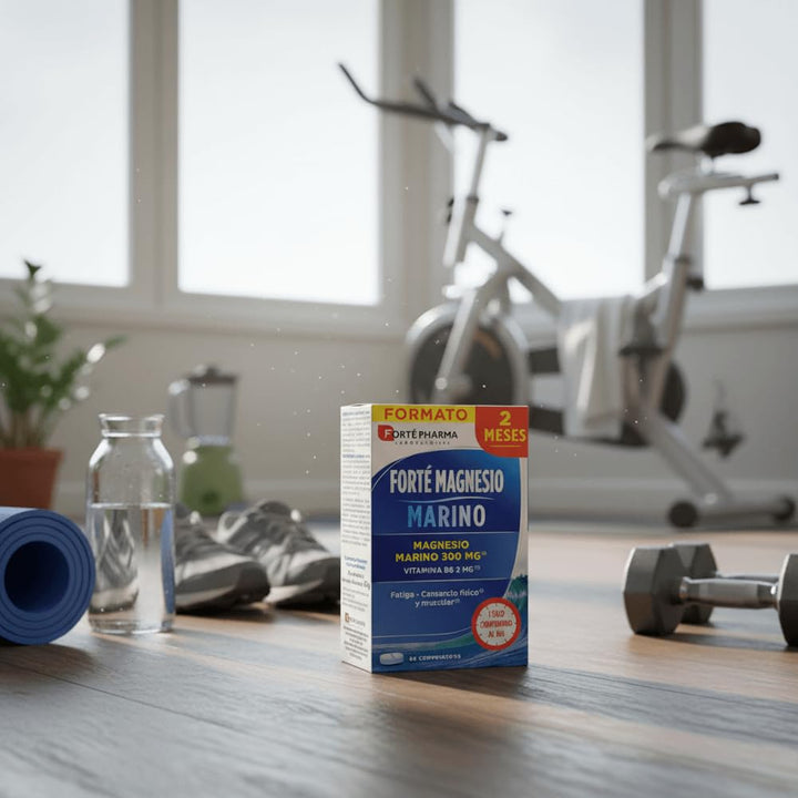 Forté Pharma Rectangular cardboard box with blue-gradient ocean background, text-heavy white panel, red circular badge, blue pill image
