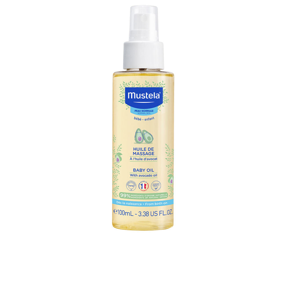 Small bottle of Mustela avocado baby massage oil with baby-safe design