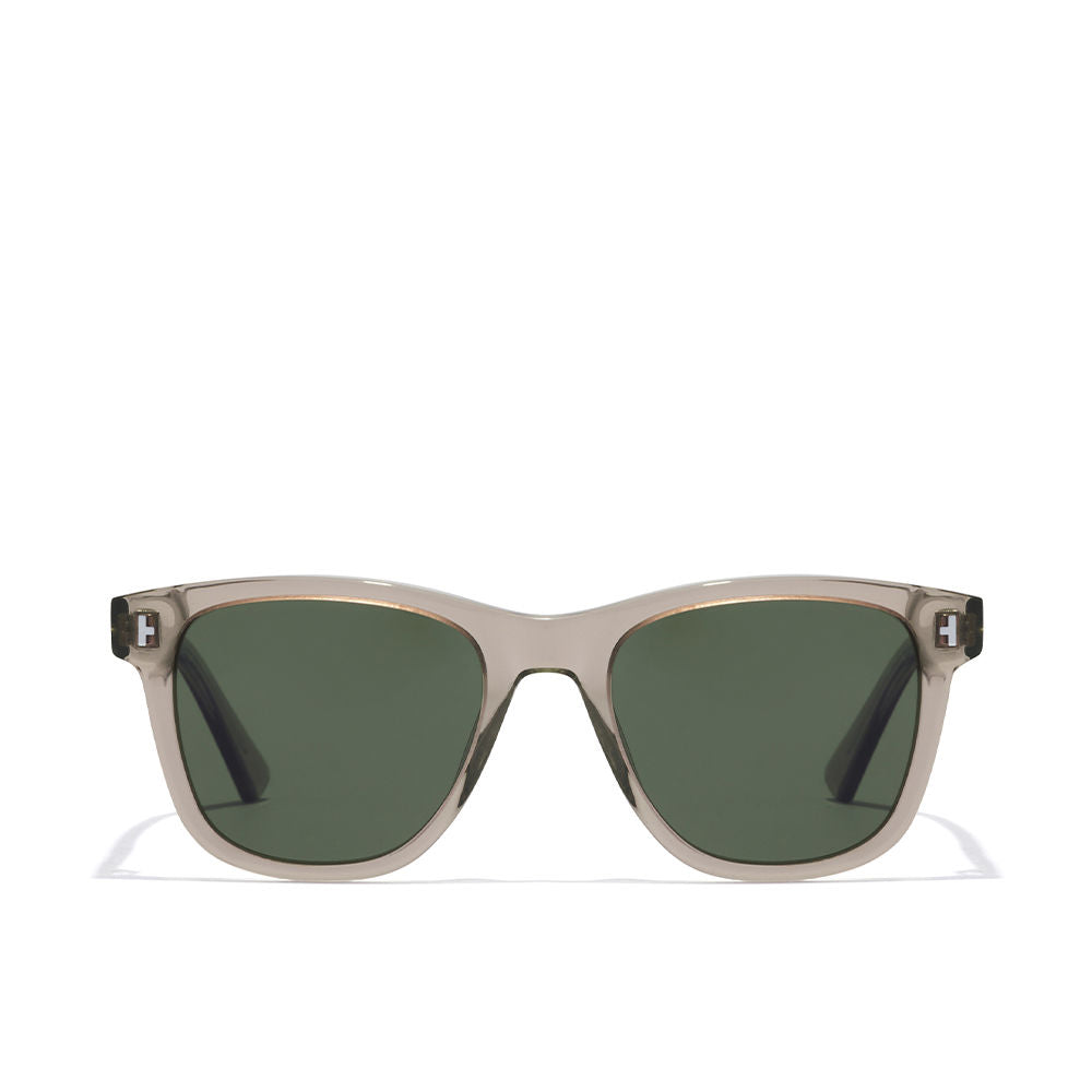 Translucent beige square sunglasses with green polarised lenses, ECO acetate frame