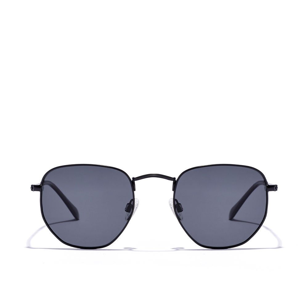 Unisex geometric stainless-steel sunglasses with polarised grey lenses, rounded shape
