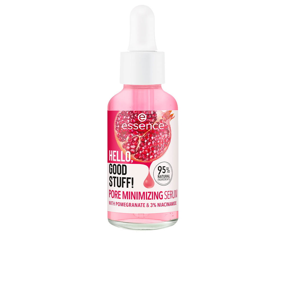 30 ml clear pump serum bottle, light gel texture, pomegranate label