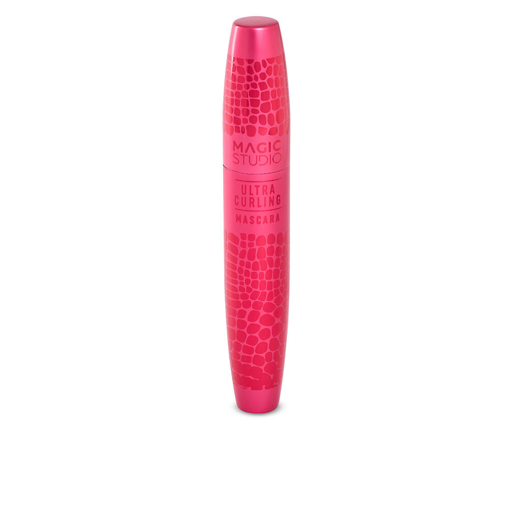 Curved-wand cream-black mascara tube and brush, compact size