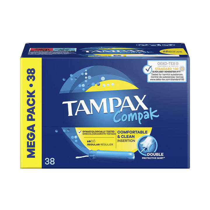 Box of compact tampons with retractable plastic applicator, regular absorbency, 38 units