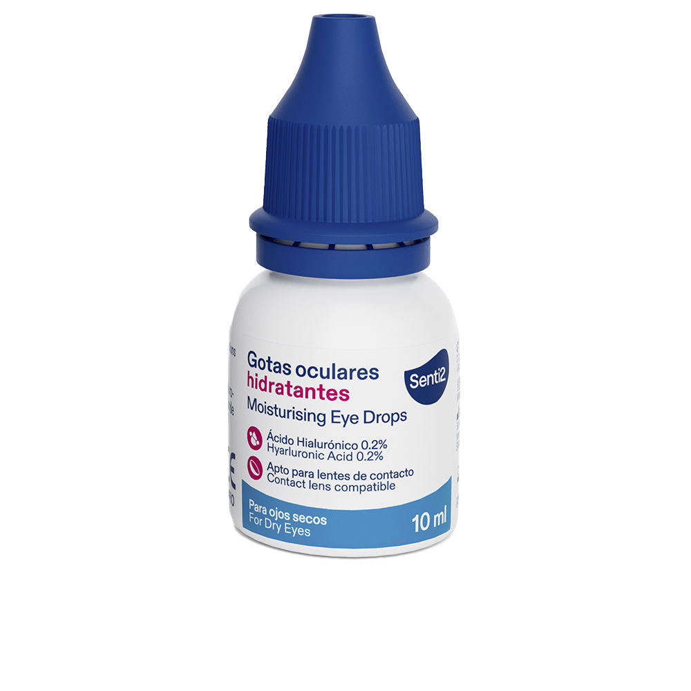 Senti2 Small white and blue plastic eye drop bottle with blue screw cap, printed bilingual label, 10 ml marking