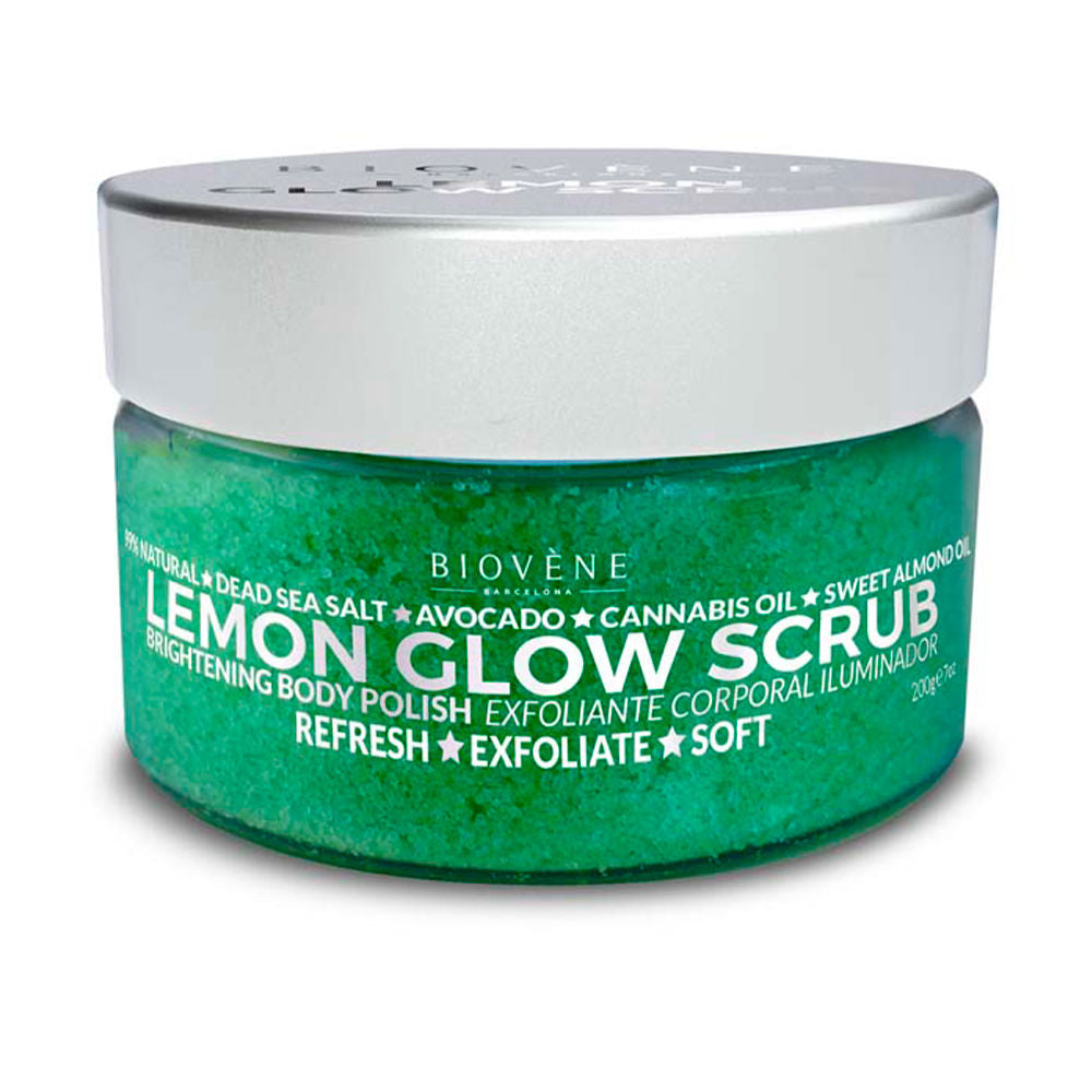 Jar of Lemon Glow salt body scrub with visible granules and yellow oil