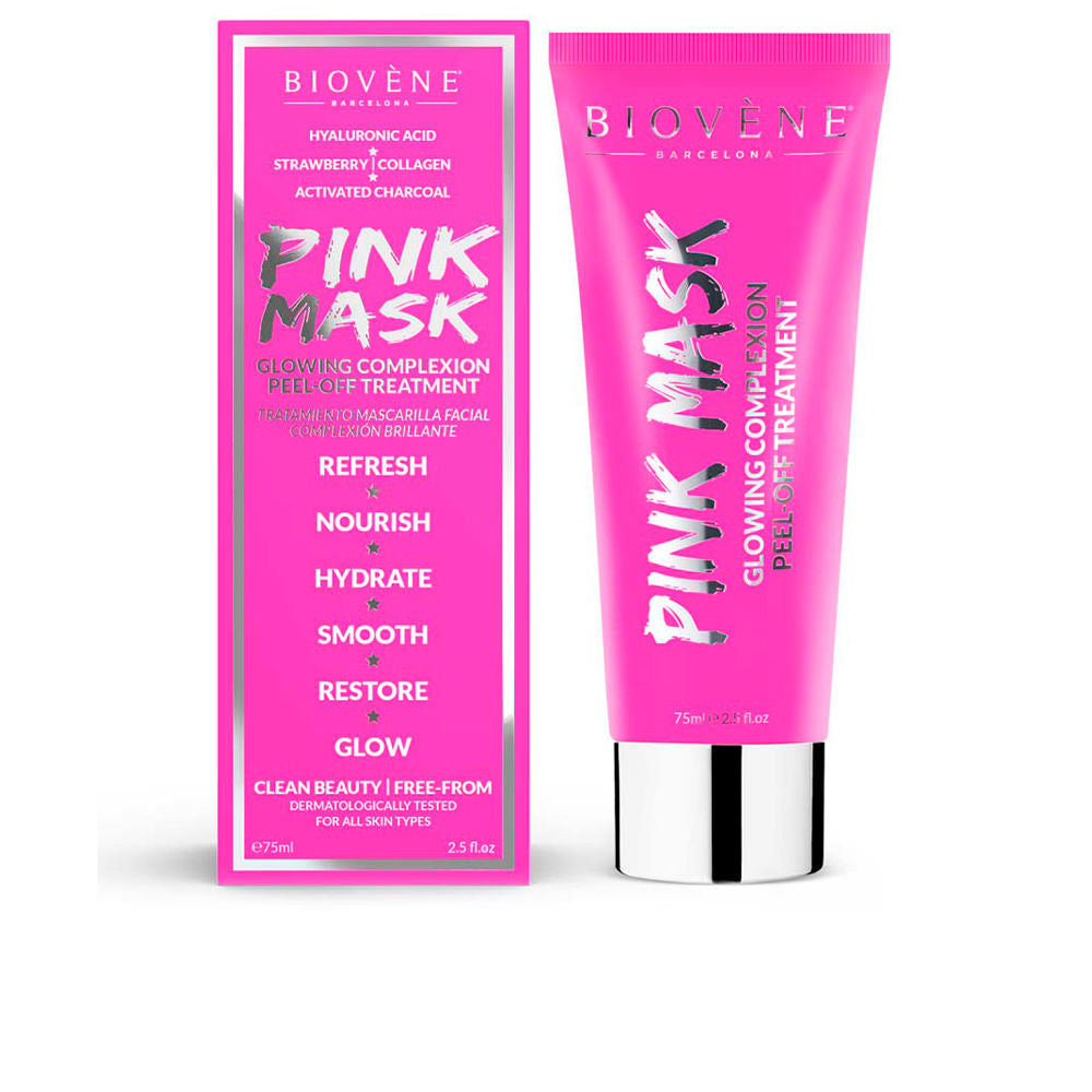Pink peel‑off mask tube and peeled sheet showing creamy pink gel