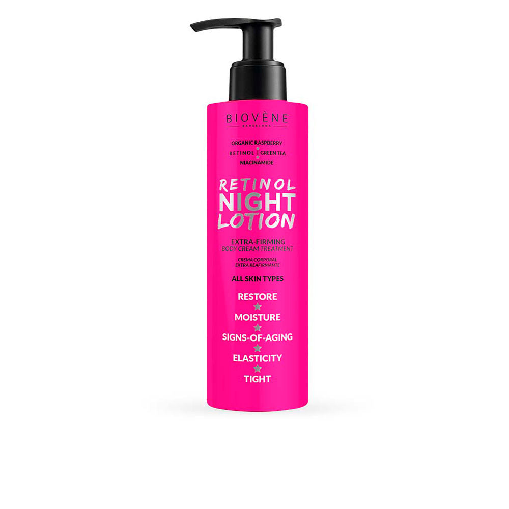 200 ml pump bottle of retinol and raspberry firming body lotion, pale cream texture
