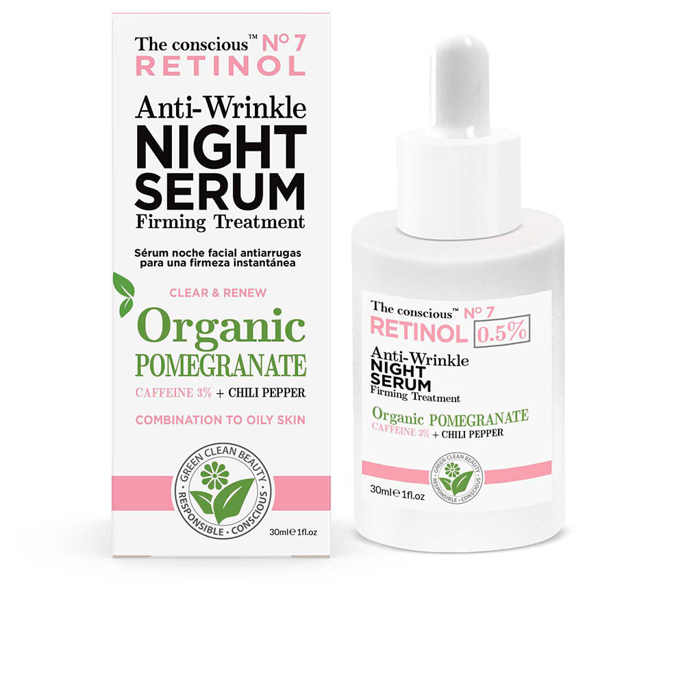 30 ml amber glass bottle of retinol night serum with pomegranate and botanical accents