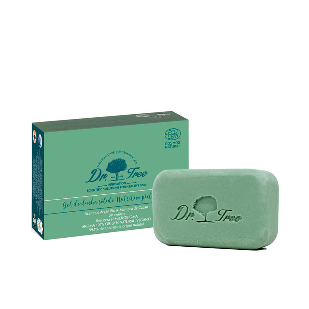 120 g round solid shower gel bar, pale beige, wrapped in minimal eco packaging