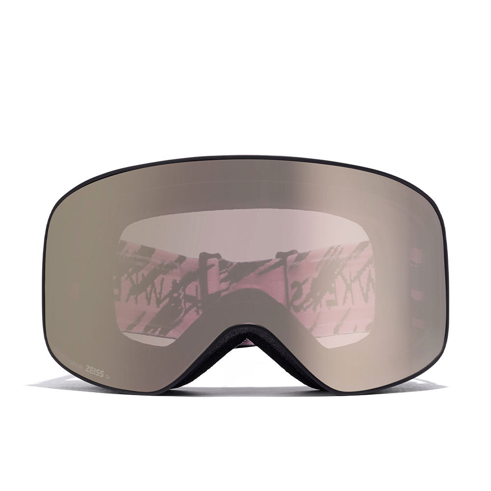 Matte black goggles with pink stripe strap, two Zeiss lenses, unisex ski goggles