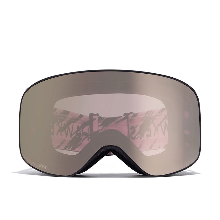 Matte black goggles with pink stripe strap, two Zeiss lenses, unisex ski goggles
