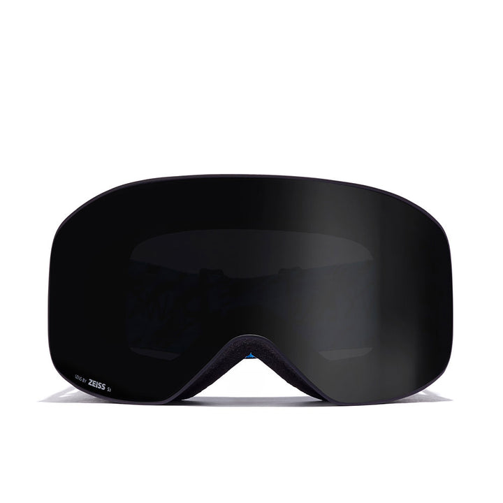 Matte black cylindrical snow goggles with pink-striped strap and two ZEISS lenses