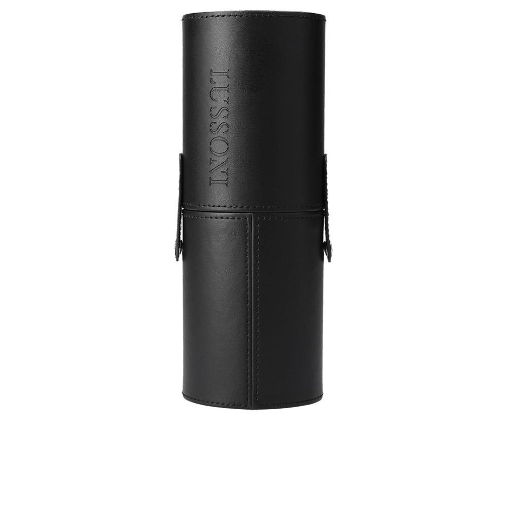 Black oval eco‑leather roll‑up brush tube with two press‑stud straps