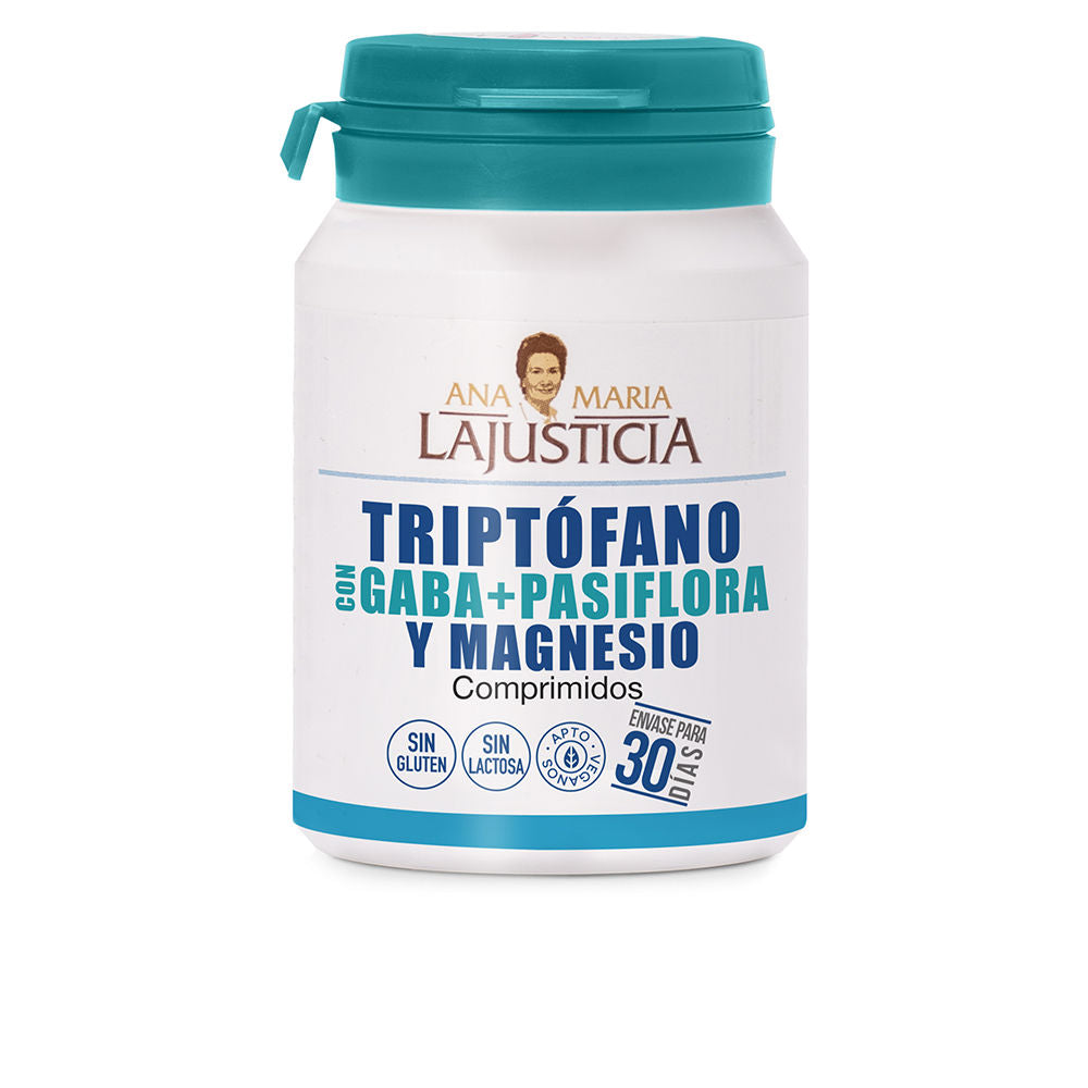 Supplement bottle of 60 vegan sleep tablets with L‑tryptophan, GABA, passiflora and magnesium