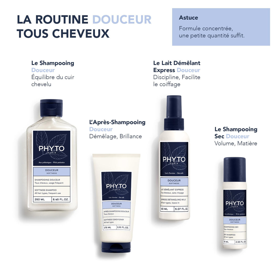 Bottle of Phyto Suavidad gentle shampoo for children and family, oat milk and white mallow benefits
