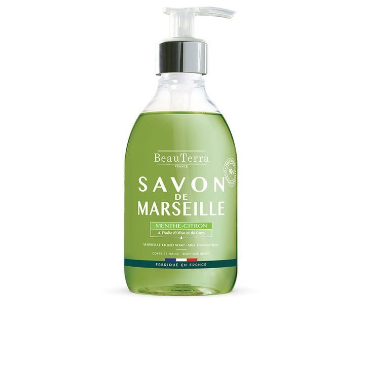 Clear liquid Marseille soap in recyclable bottle; mint and lemon botanical accents