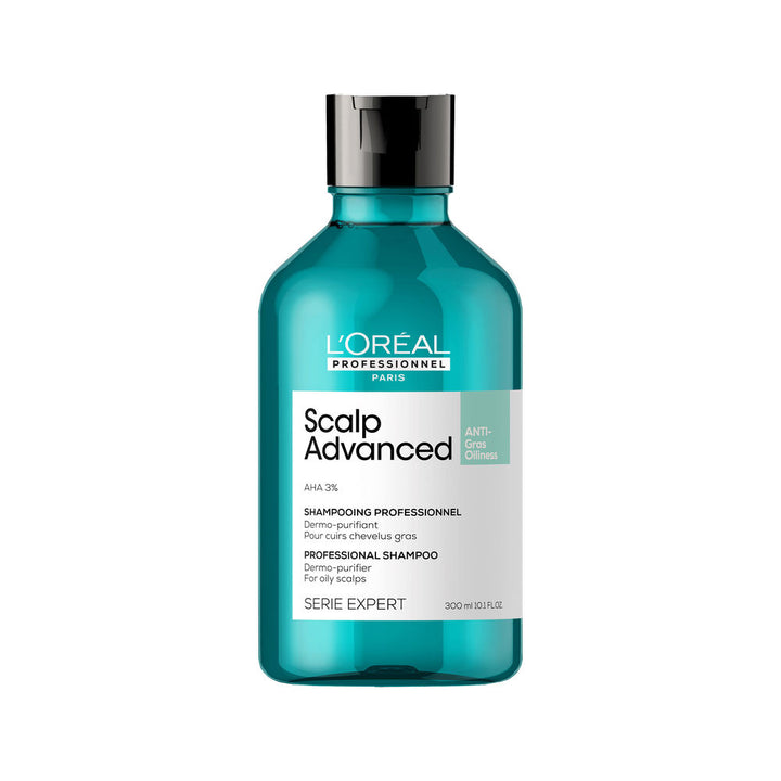300 ml clear bottle of AHA clarifying scalp shampoo, silicone‑free, refill option