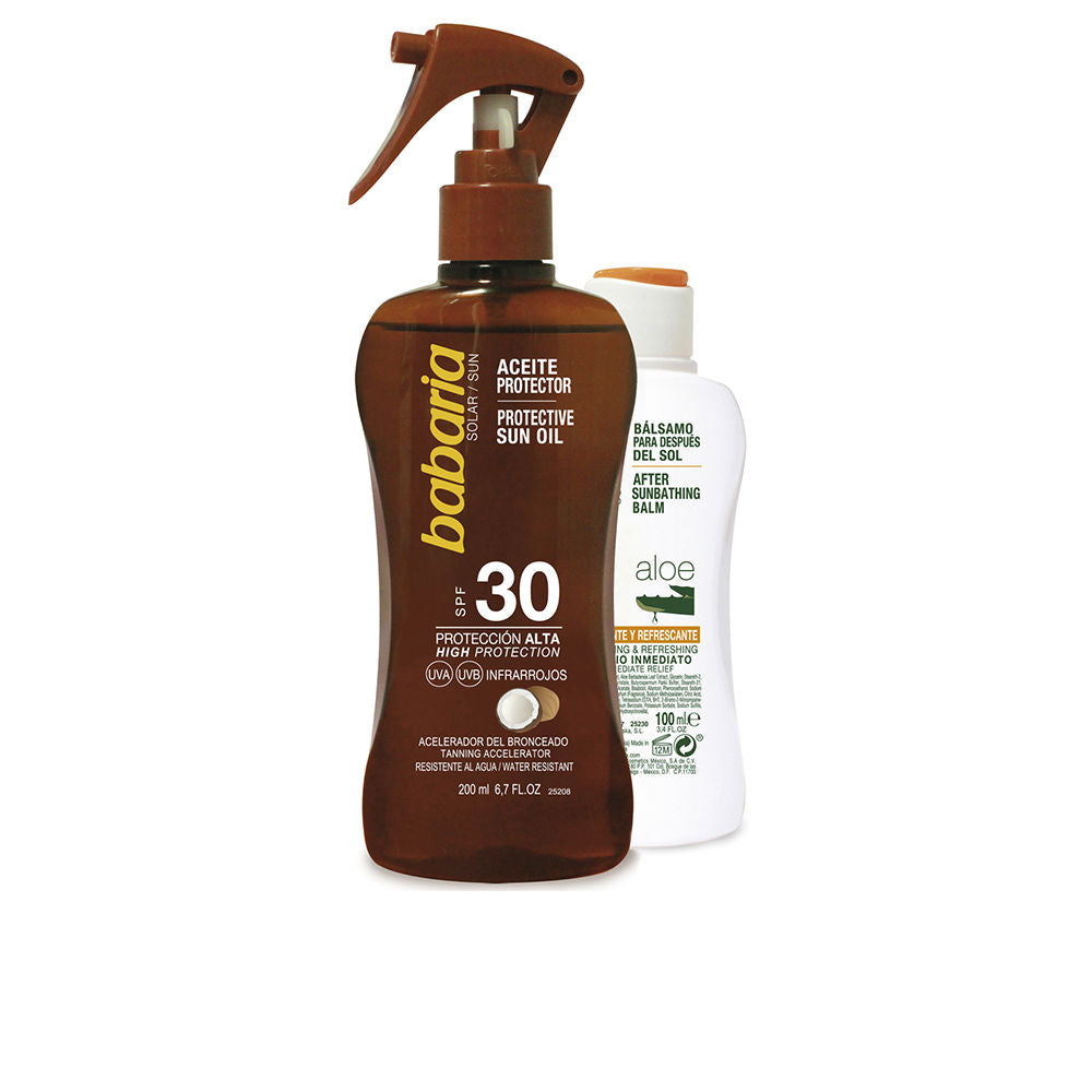 Babaria Warm brown spray oil and white after-sun balm in plastic bottles with spray pump and flip cap