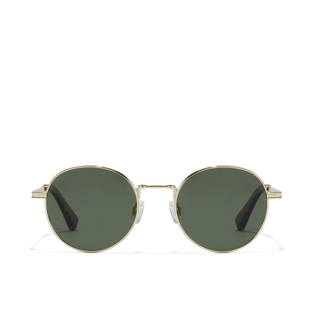 Gold round metal sunglasses with deep green polarised lenses, unisex style