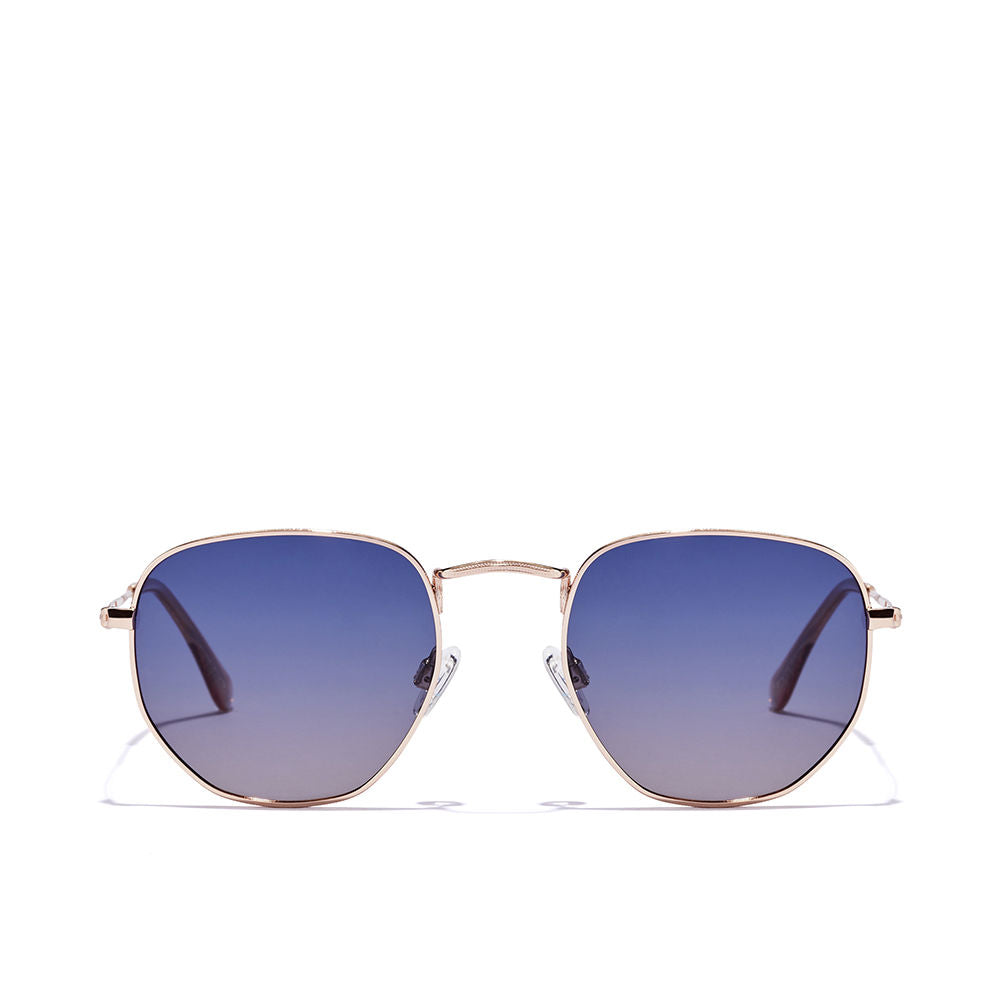 Unisex geometric stainless steel sunglasses with polarised blue-rose lenses