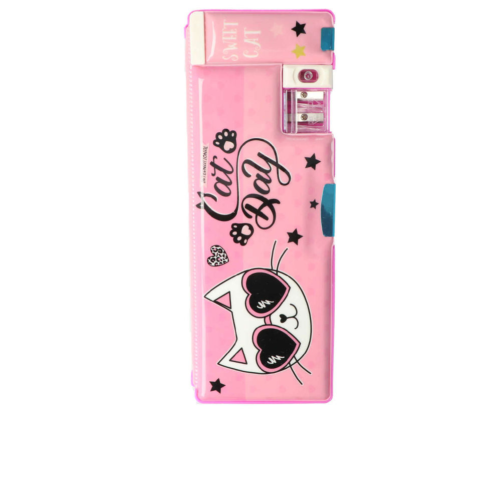 Compact hard-shell kitten pencil case with magnetic closure and built-in sharpener