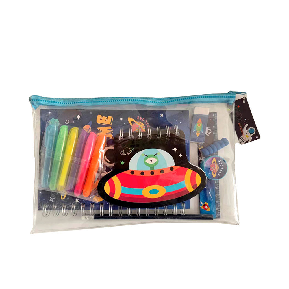 Slim zip case with 13-piece stationery set including notebook, pen, markers, ruler, stapler