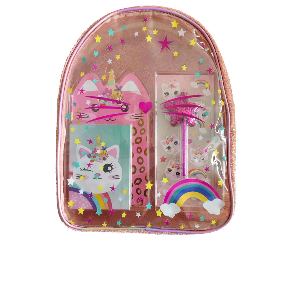 Small transparent backpack with cat ears, includes notebook, pen, stickers, memo pad