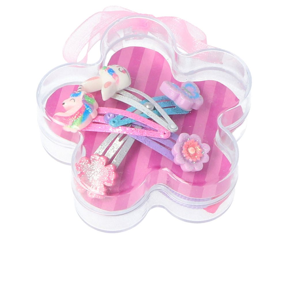 Inca Set of glittery pink, purple, blue and silver plastic hair clips and elastics with flowers, unicorns, butterflies