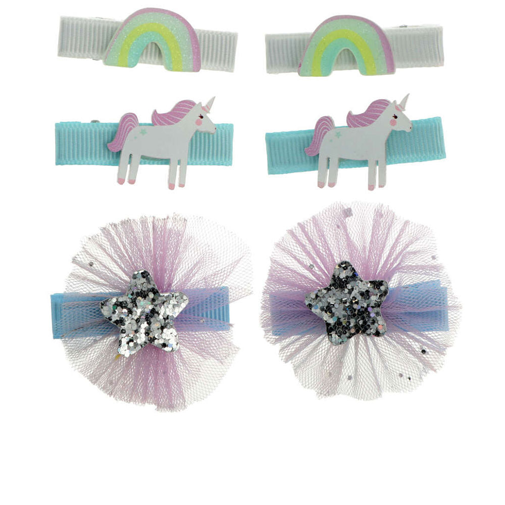 Inca Set of six petite crocodile clips in white, pastels and silver with tulle, ribbon, glitter star