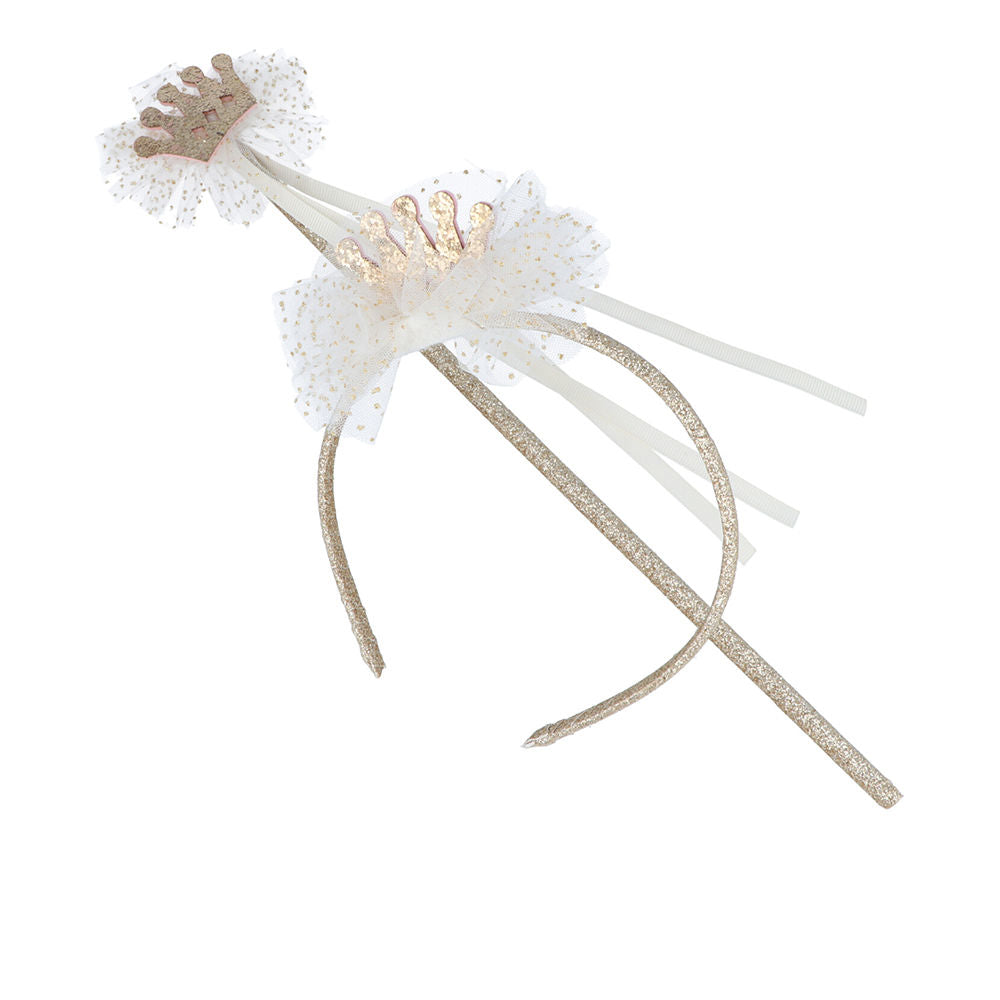 Inca Gold and white fabric tiara and wand set with glitter crowns and tulle dots, from .